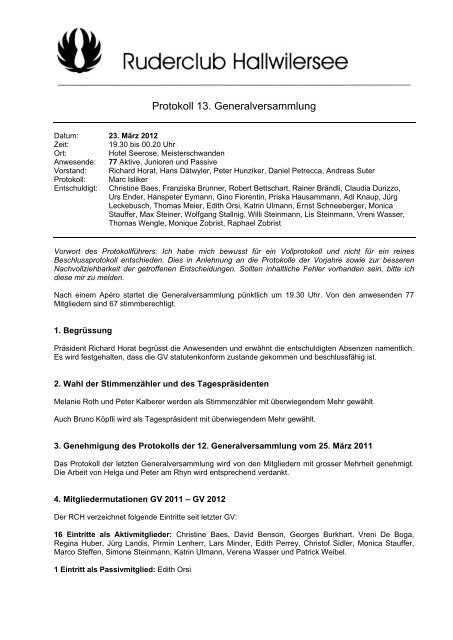 Protokoll Generalversammlung Ruderclub Hallwilersee