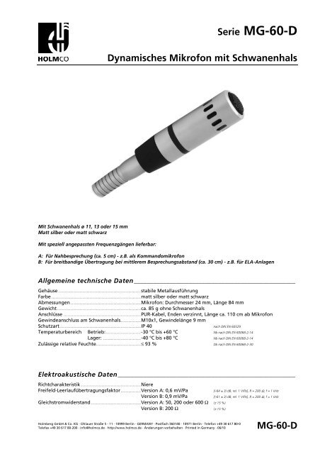 Datenblatt als PDF-Datei - HOLMCO - Holmberg Elektroakustik