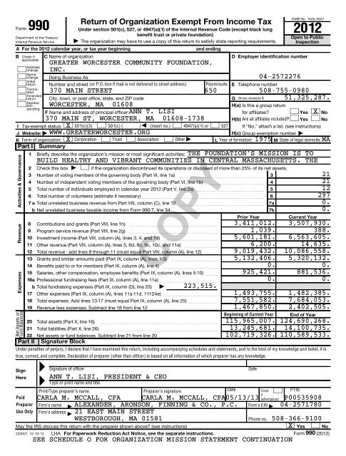 IRS Form 990 2012 - Greater Worcester Community Foundation