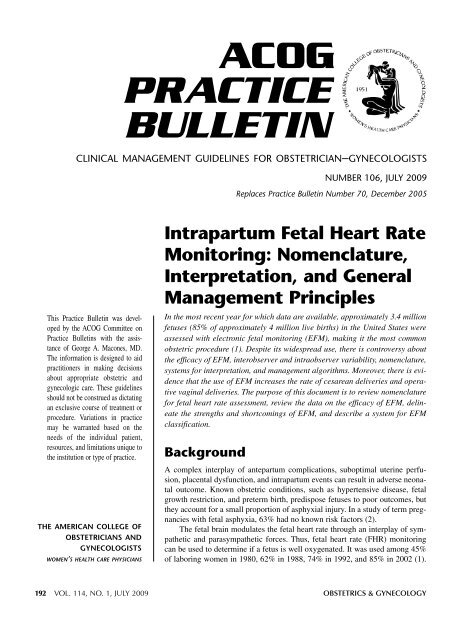 ACOG Practice Bulletin: Intrapartum Fetal Heart rate Monitoring