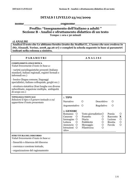 Analisi e sfruttamento didattico di un testo - DITALS