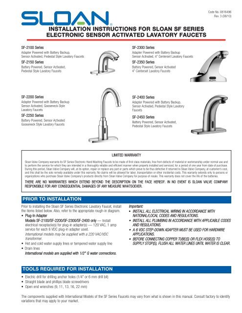 Installation Instructions For Sloan Sf Series Electronic Sensor