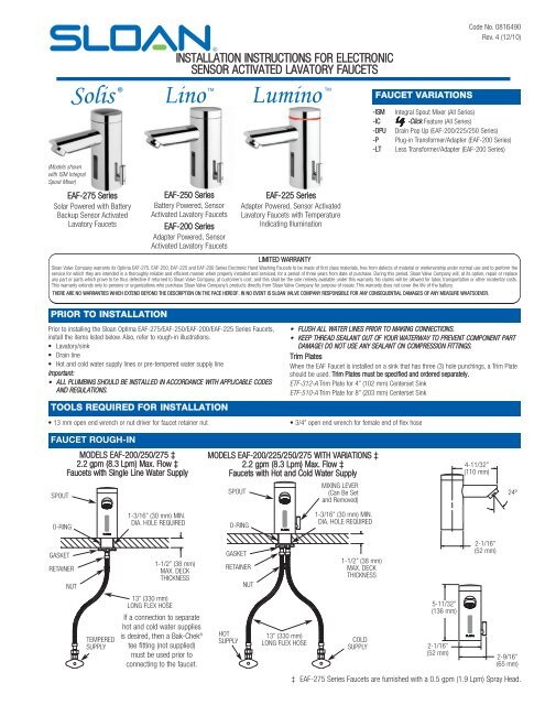 Installation Instructions For Electronic Sensor Activated Solis