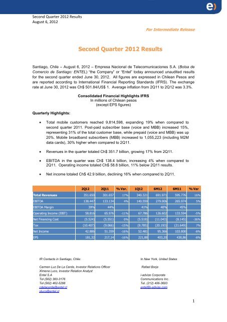 Second Quarter 2012 Results - Entel