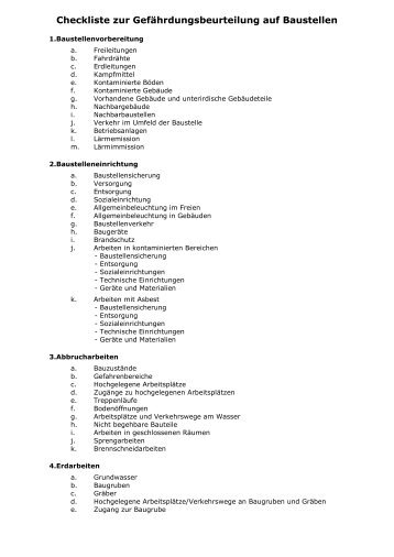 Checkliste zur GefÃ¤hrdungsbeurteilung auf Baustellen - Becher