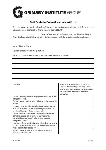 Staff Tendering Declaration of Interest Form - Grimsby Institute of ...