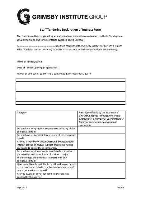 Staff Tendering Declaration of Interest Form - Grimsby Institute of ...