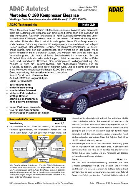 Umfassender Test Mercedes C 180 Kompressor Elegance Adac