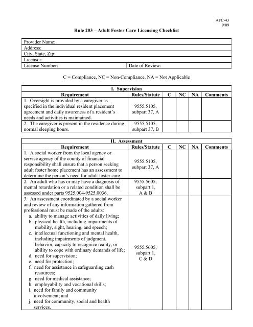Rule 3 A Adult Foster Care Licensing Checklist Otter Tail County