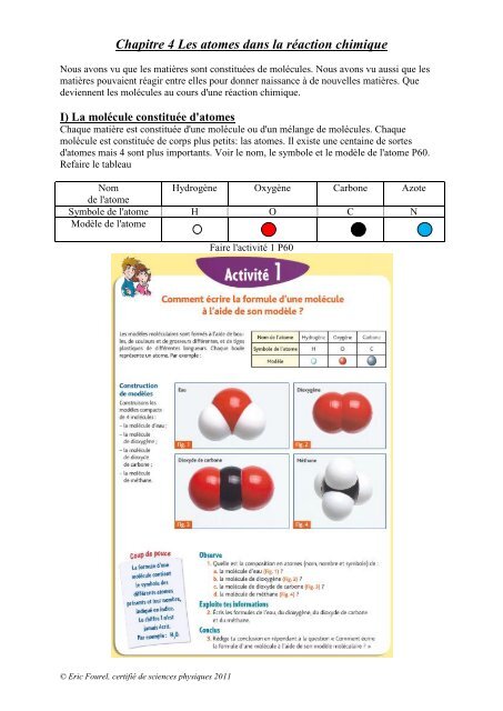Chapitre 4: Les atomes dans la rÃ©action chimique version 2011