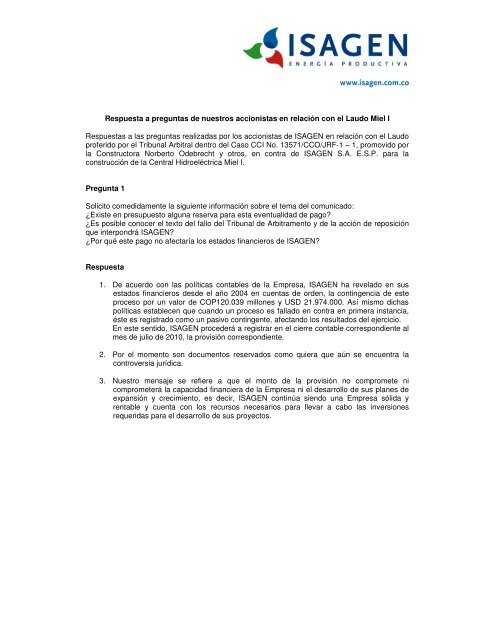 Respuesta a preguntas de nuestros accionistas en relaciÃ³n ... - Isagen