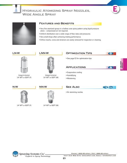 Hydraulic Atomizing Spray Nozzles, Wide Angle Spray