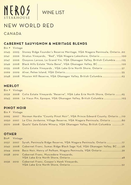 Wine List Menu - Caesars Windsor