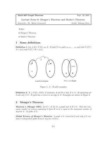 Lecture Notes 9: Menger's Theorem and Mader's Theorem 1 Some ...
