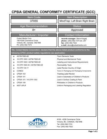 CPSIA GENERAL CONFORMITY CERTIFICATE (GCC) - Outset Media