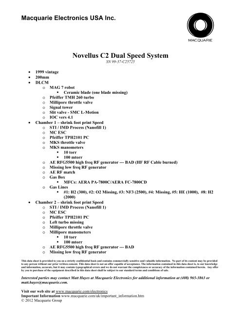 Novellus C2 Dual Speed System - Macquarie