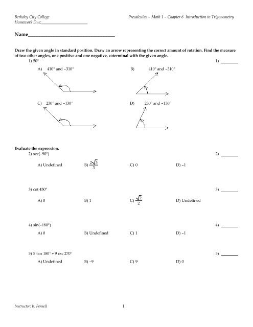 Practice Problems Trigonometry Review Part 1 - Berkeley City College