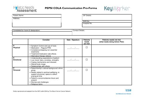 PEPSI COLA Communication Pro Forma - East Midlands Cancer ...