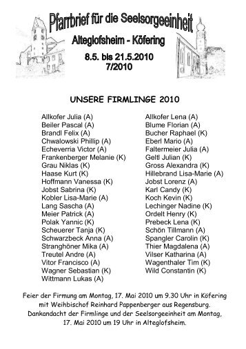 UNSERE FIRMLINGE 2010 - Pfarrei KÃ¶fering