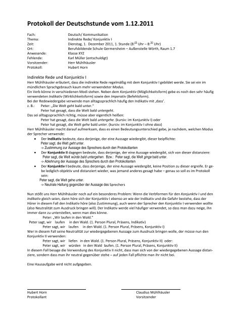 Protokoll der Deutschstunde vom 1.12.2011 - Teleunterricht