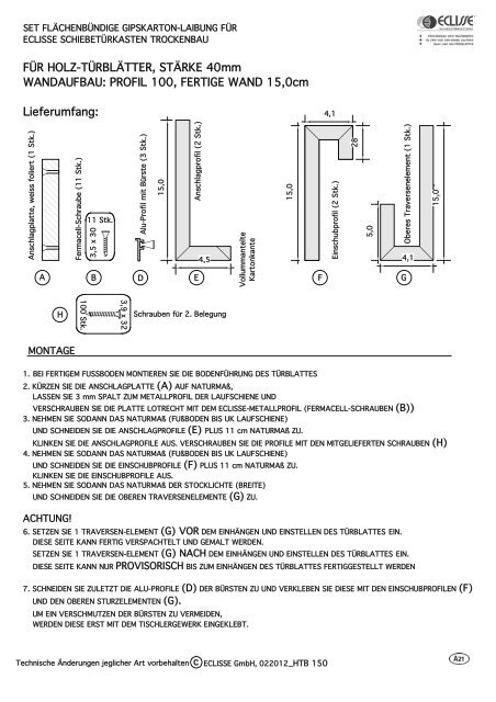 PROFIL 100, FERTIGE WAND 15,0cm Lieferumfang - Eclisse