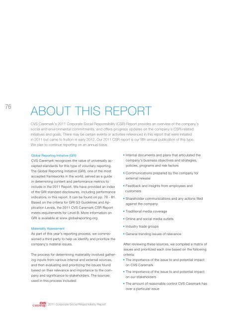 2011 CVS Caremark Corporate Social Responsibility Report