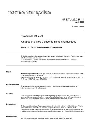 NF DTU 26.2 P1-1 Chapes et dalles Ã  base de liants hydrauliques