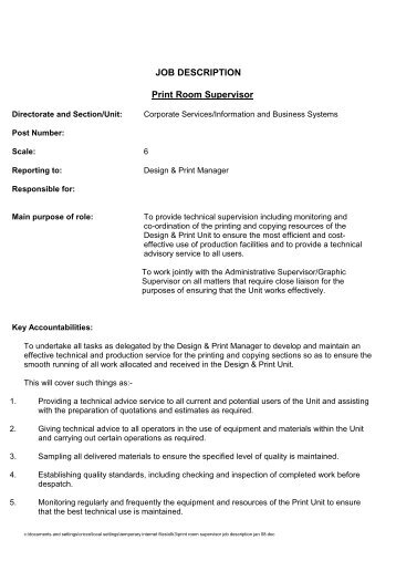 JOB DESCRIPTION Print Room Supervisor