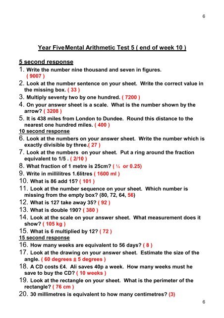 Year Five Mental Arithmetic Test 1 - Wigan Schools Online