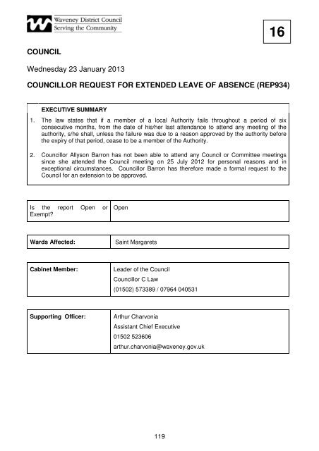Councillor Request for Extended Leave of Absence - Waveney ...