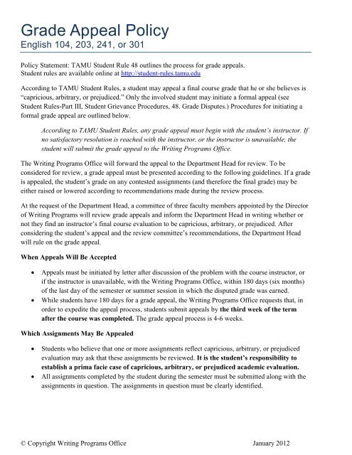 Grade Appeal Policy - Department of English - Texas A&M University