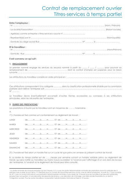 Contrat de remplacement titres-services Ã  temps partiel 102 Kb - UCM