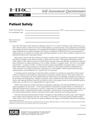 Self-Assessment Questionnaire Patient Safety - MCIC Vermont ...