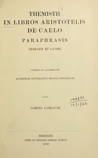 In libros Aristotelis de caelo paraphrasis hebraice et latine