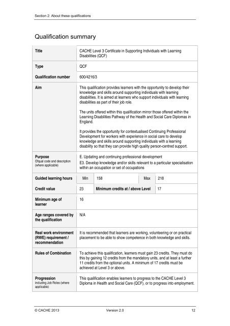 CACHE Qualification Specification