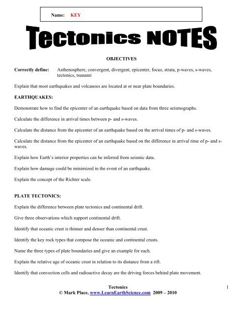 Tectonic Notes Key - Learn Earth Science