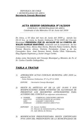 acta sesion ordinaria nÂº16/2009 tabla a tratar - Municipalidad de Arica