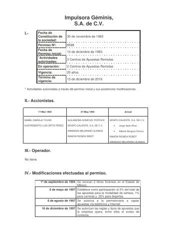 Impulsora Géminis, S.A. de C.V. - Dirección General de Juegos y ...