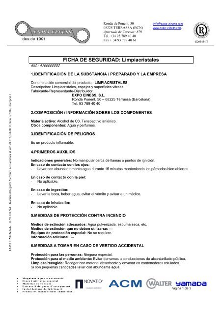 FICHA DE SEGURIDAD: Limpiacristales - Expo Einess