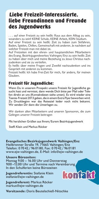 Freizeitprospekt - Evangelischen Bezirksjugendwerks Vaihingen/Enz