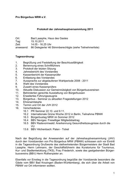 Protokoll der Sitzung - Pro BÃ¼rgerbus NRW