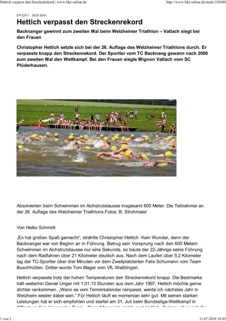 Hettich verpasst den Streckenrekord - Triathlon Club Backnang