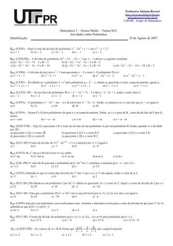 Lista de Exercícios sobre polinômios - UTFPR