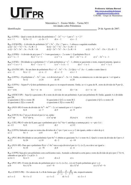 Lista de Exercícios sobre polinômios - UTFPR