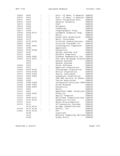 Network Working Group J. Reynolds Request for Comments: 1700 J ...