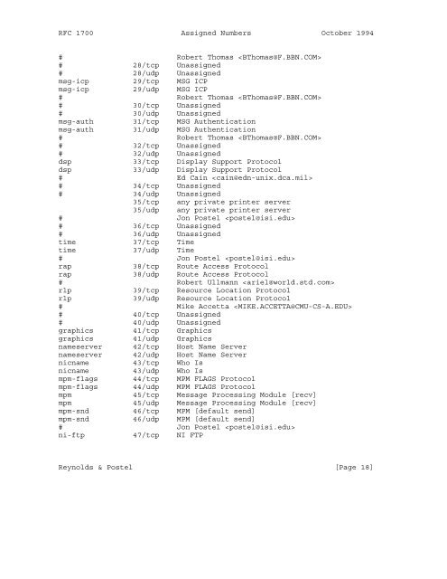 Network Working Group J. Reynolds Request for Comments: 1700 J ...