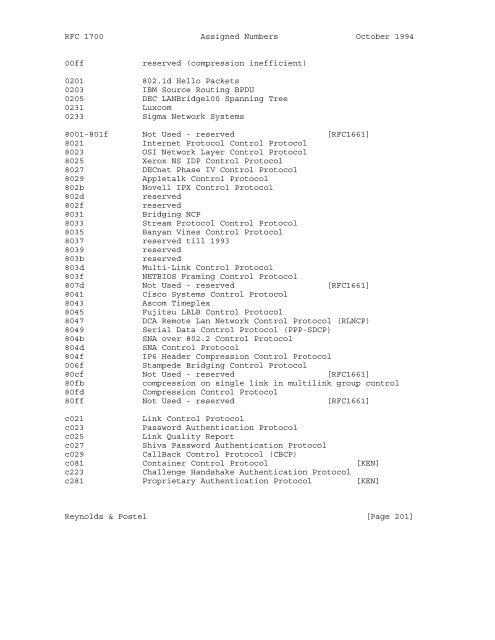 Network Working Group J. Reynolds Request for Comments: 1700 J ...