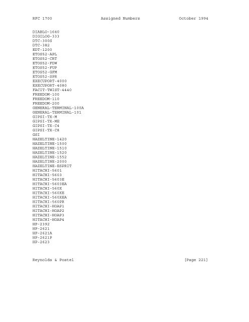 Network Working Group J. Reynolds Request for Comments: 1700 J ...