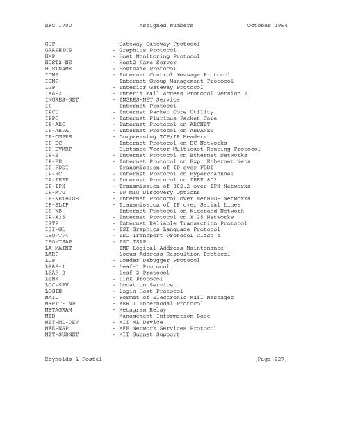 Network Working Group J. Reynolds Request for Comments: 1700 J ...