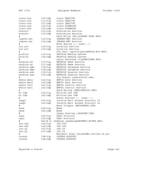 Network Working Group J. Reynolds Request for Comments: 1700 J ...